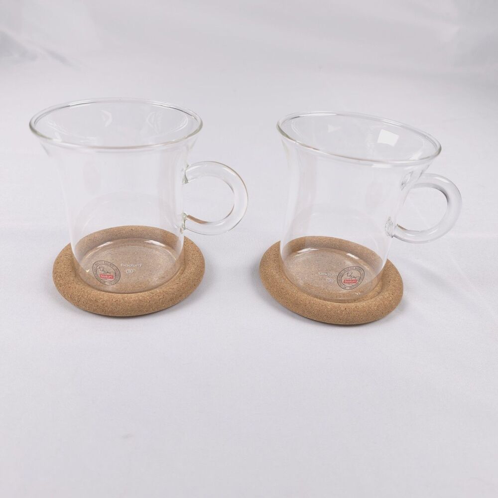 Swiss Bodum Shin Bistro 8.5oz Coffee Tea Cup Set w/Cork Coaster Hand Blown Glass